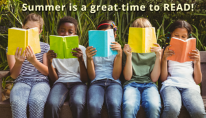 Children reading books and the text Summer is a great time to read