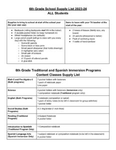 6th grade supply list 2023-24