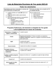 Spanish 7th Grade Supply List 2023-24