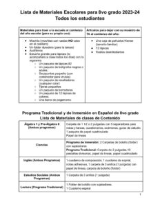 Spanish 8th Grade Supply List 2023-24