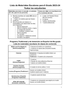 Spanish 6th Grade Supply List 2022-23